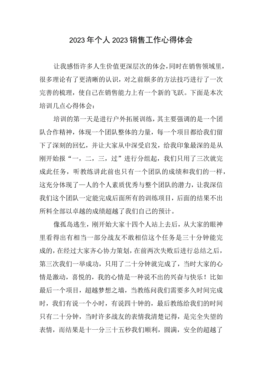 2023个人2023销售工作心得体会.docx_第1页