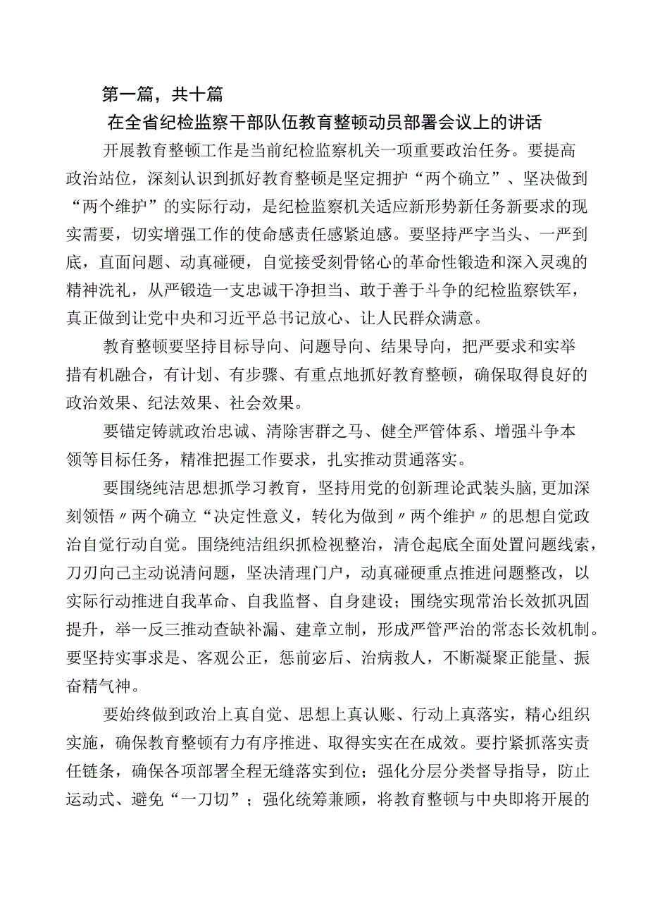 2023年开展纪检监察干部队伍教育整顿的发言材料数篇+多篇工作进展情况总结+工作方案.docx_第1页