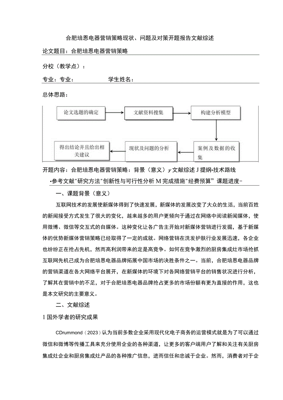 2023《合肥培恩电器营销策略现状问题及对策》开题报告文献综述.docx_第1页