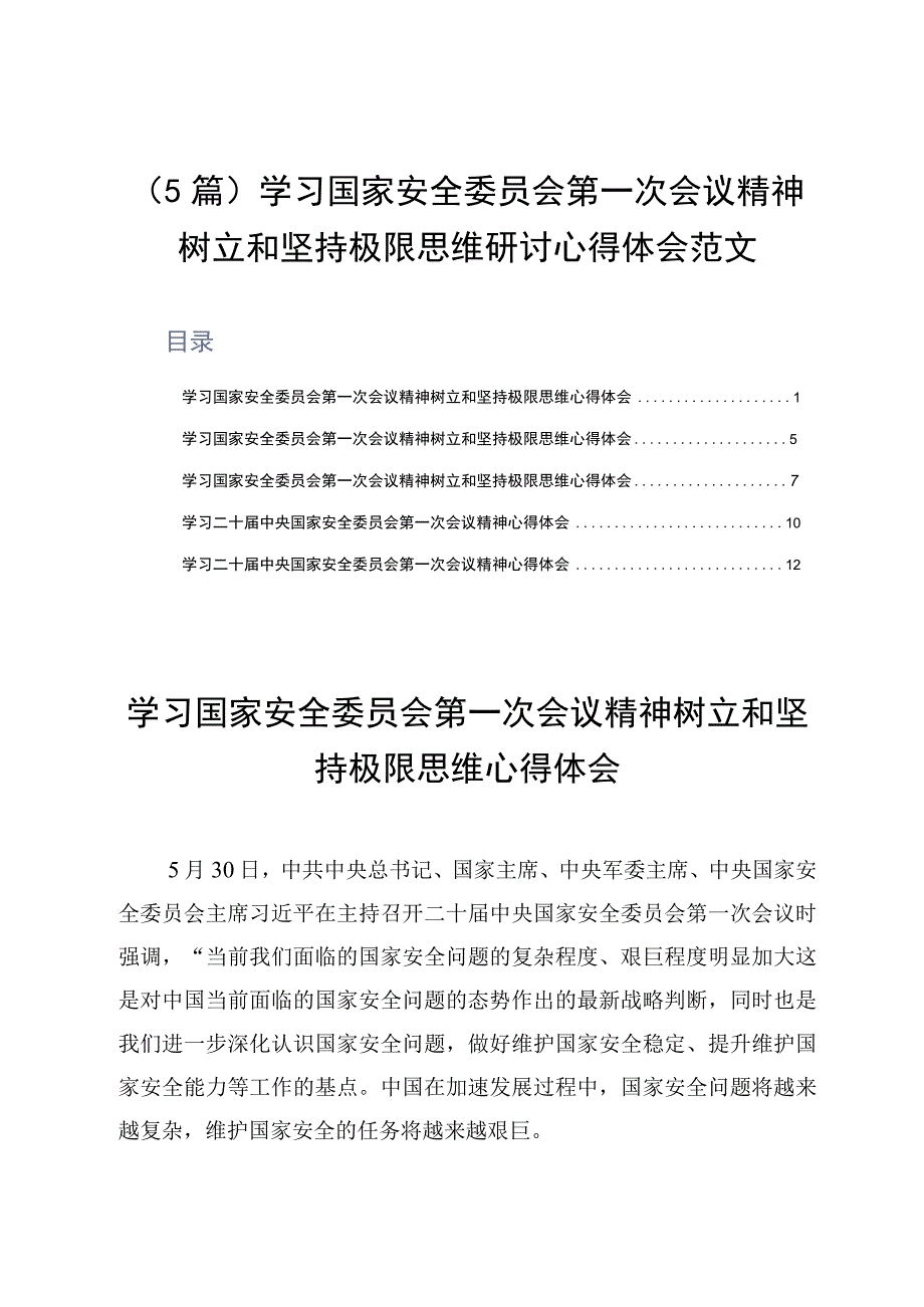 5篇学习国家安全委员会第一次会议精神树立和坚持极限思维研讨心得体会范文.docx_第1页