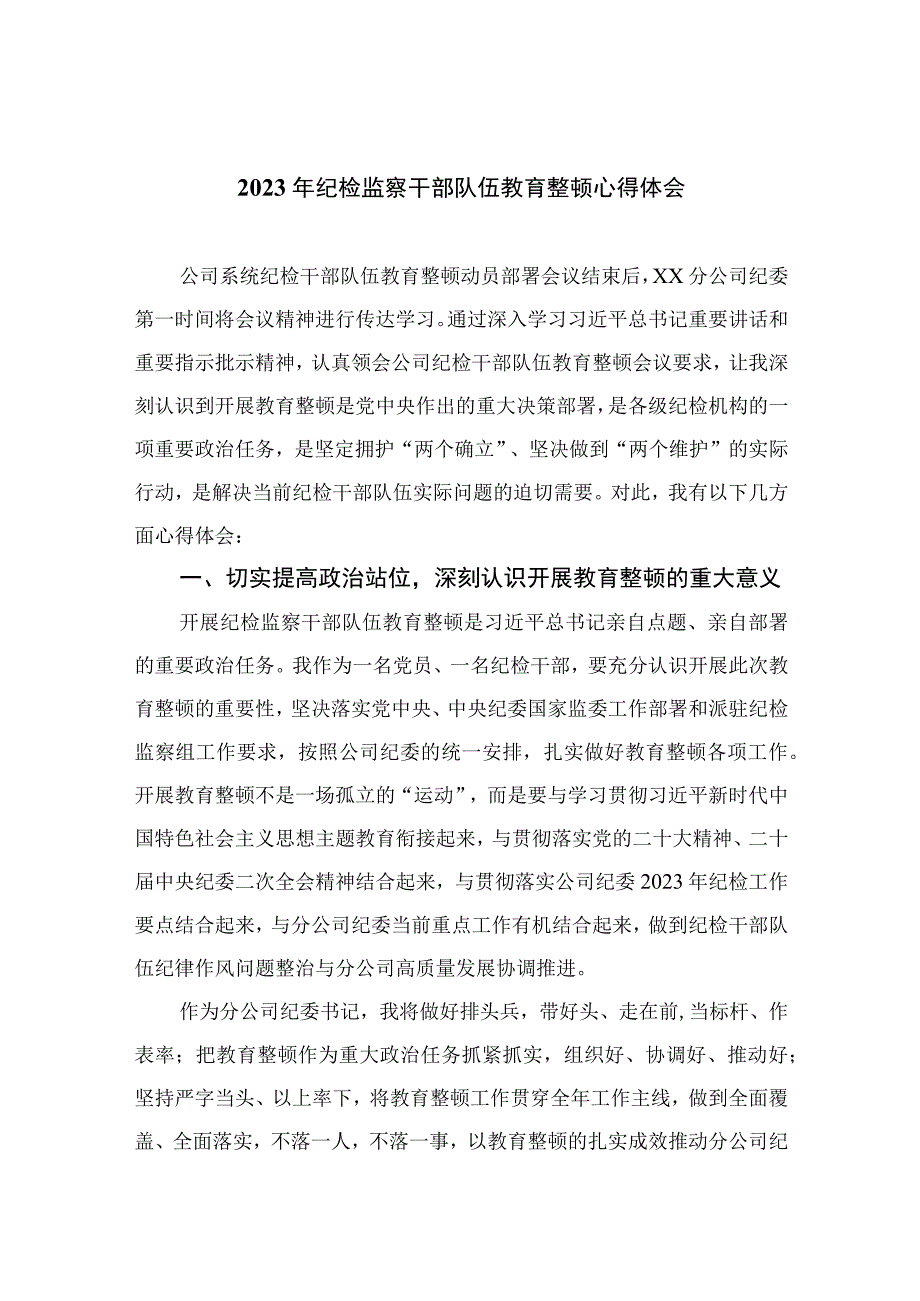 2023纪检教育整顿2023年纪检监察干部队伍教育整顿心得体会四篇最新精选.docx_第1页