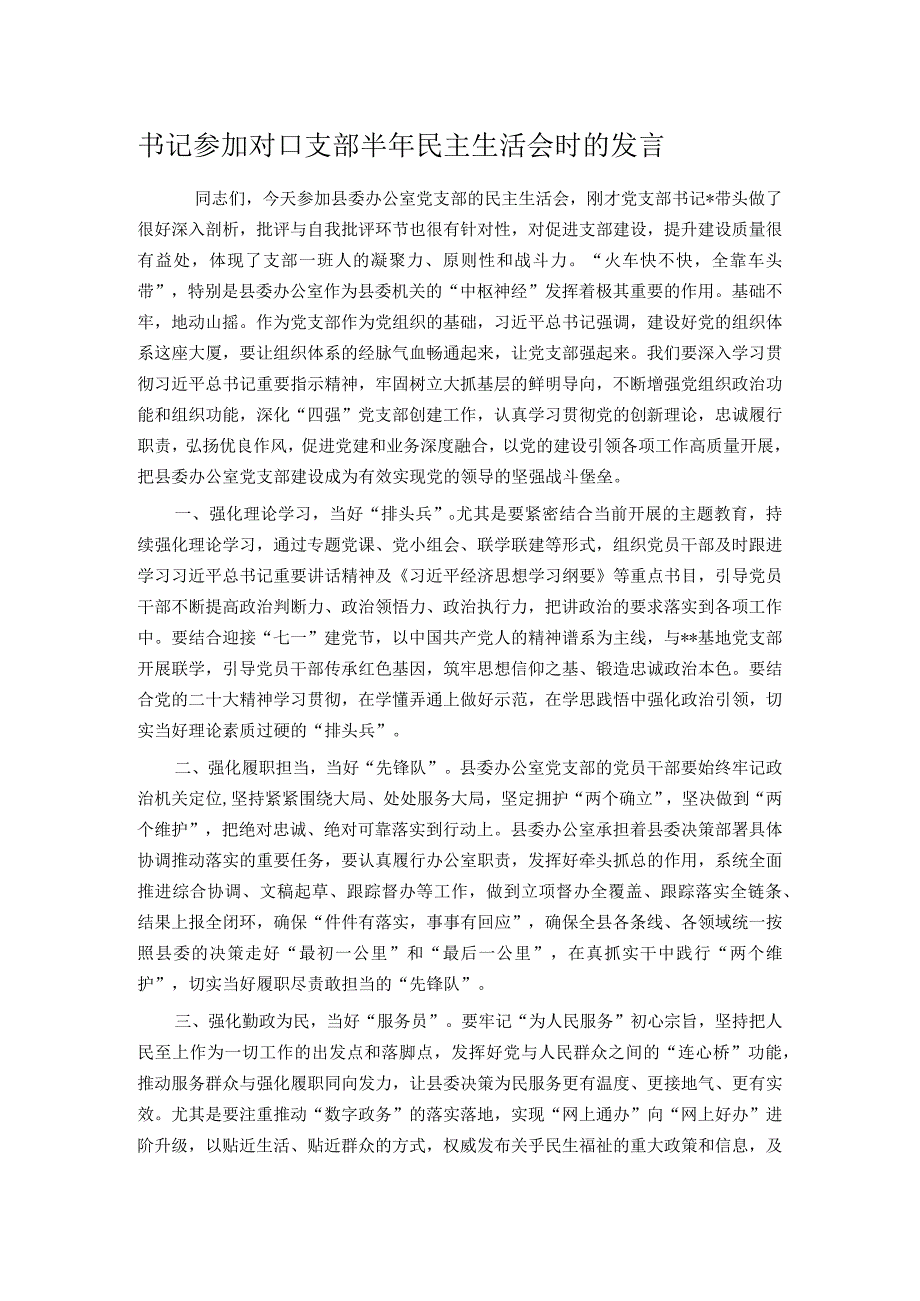 书记参加对口支部半年民主生活会时的发言.docx_第1页