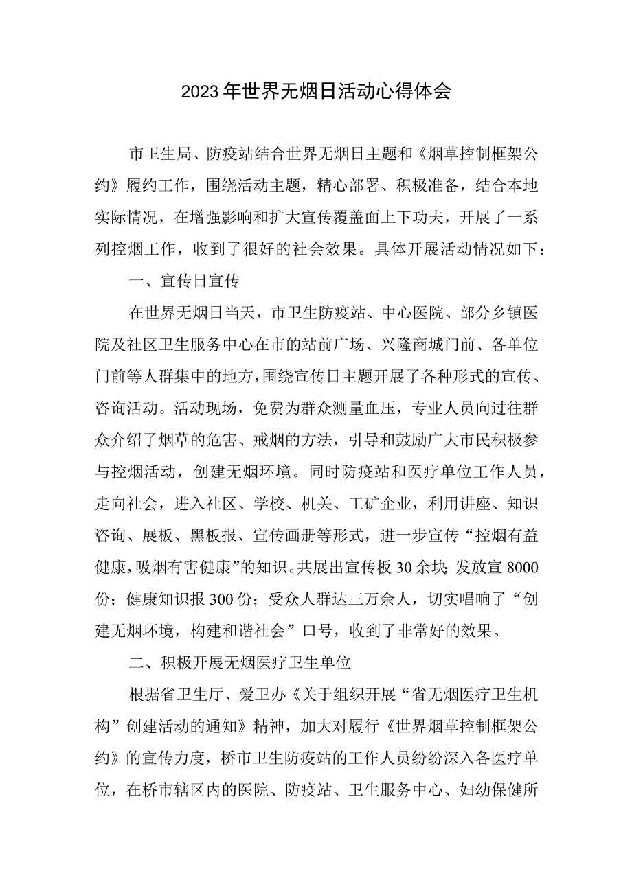 2023世界无烟日活动心得体会.docx_第1页