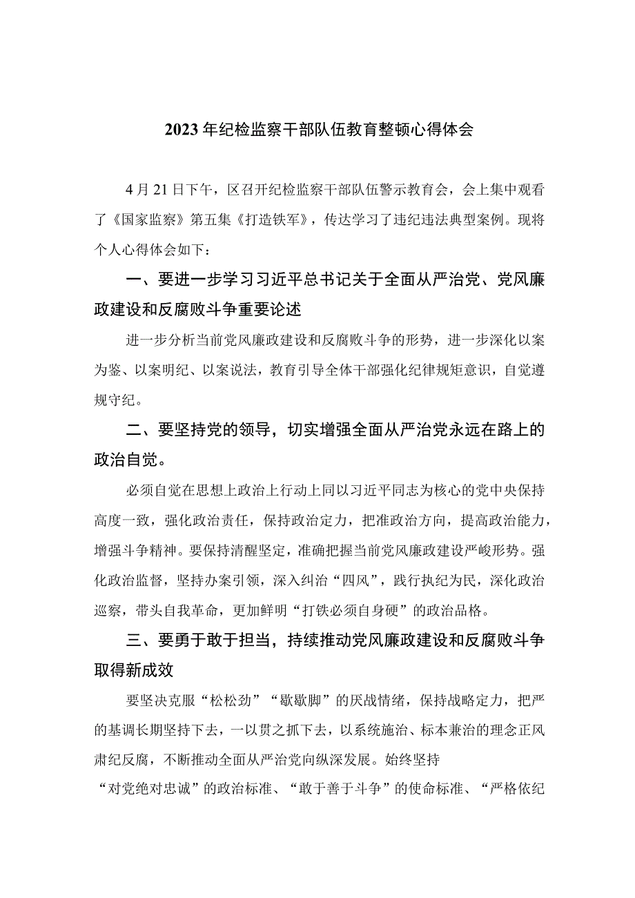 2023纪检教育整顿2023年纪检监察干部队伍教育整顿心得体会精选共四篇_001.docx_第1页