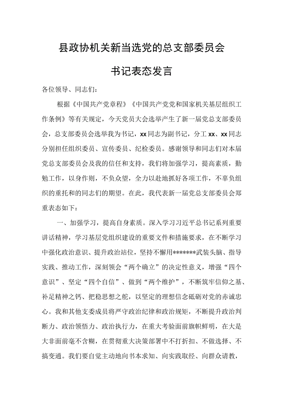 县政协机关新当选党的总支部委员会书记表态发言.docx_第1页