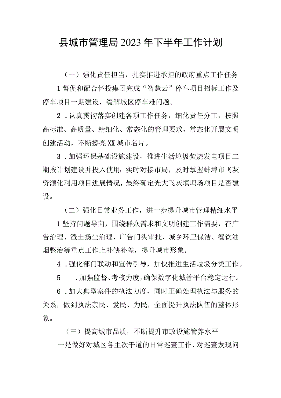 县城市管理局2023年下半年工作计划.docx_第1页