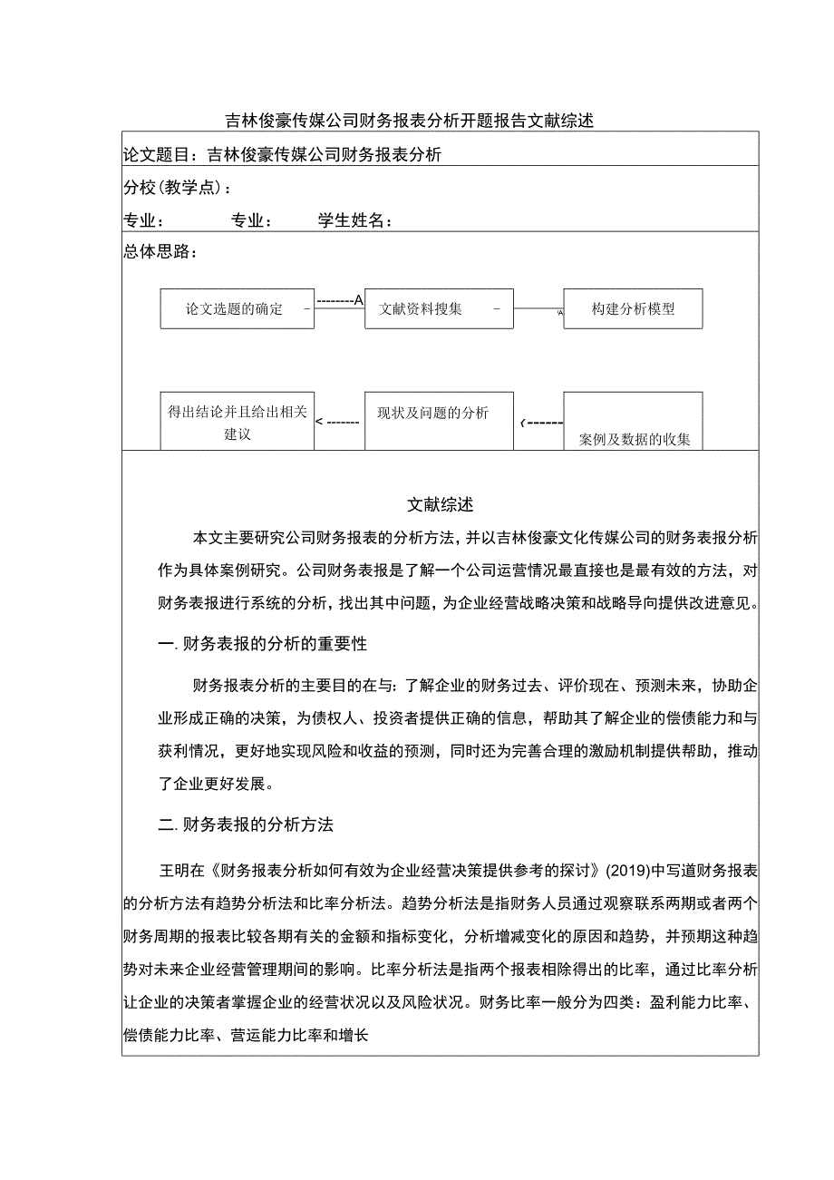 吉林俊豪传媒公司财务报表案例分析开题报告文献综述.docx_第1页