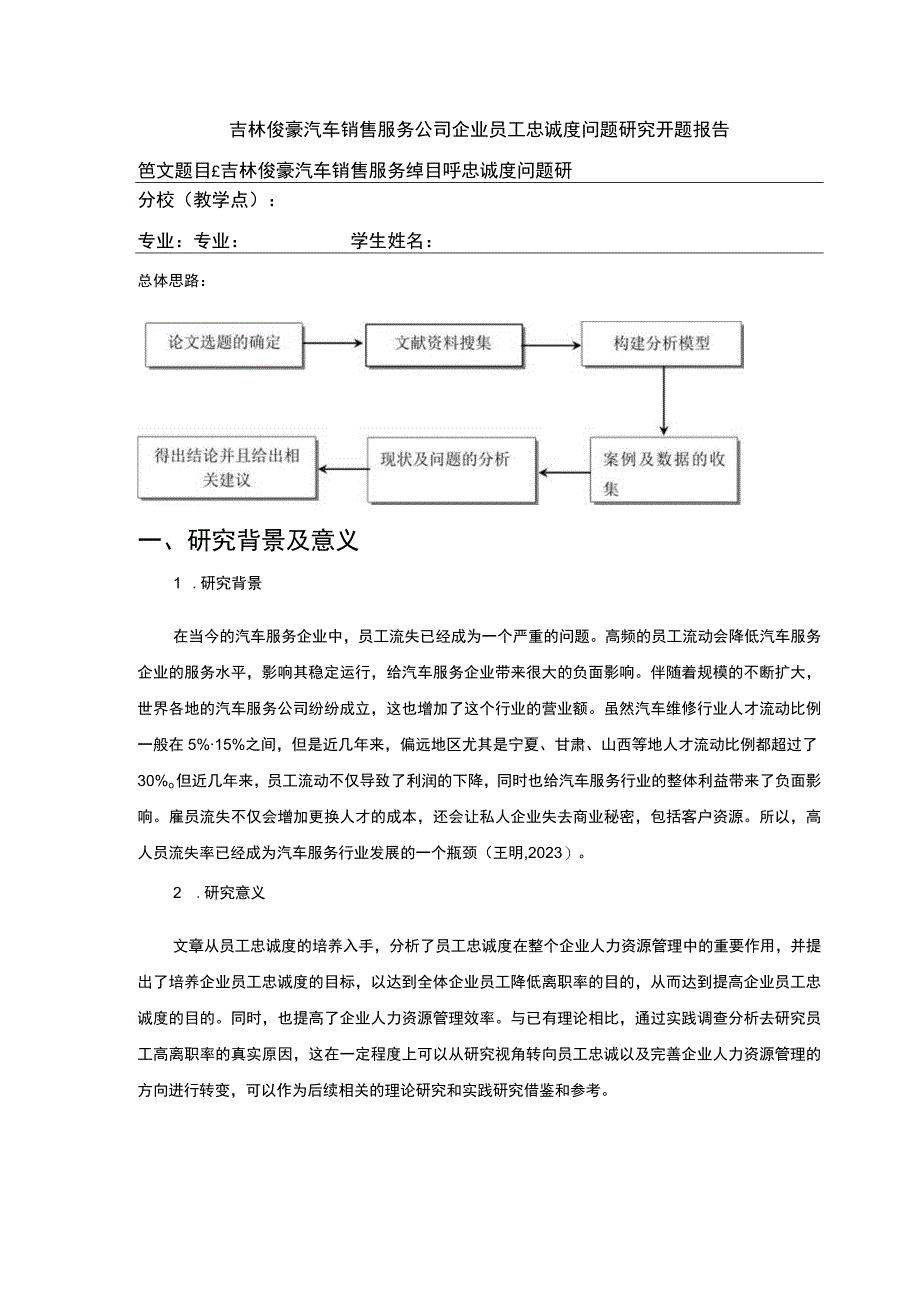 吉林俊豪汽车销售公司企业员工忠诚度问题案例分析开题报告含提纲.docx_第1页