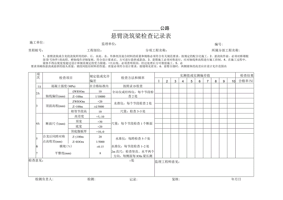 悬臂浇筑梁检查记录表.docx_第1页