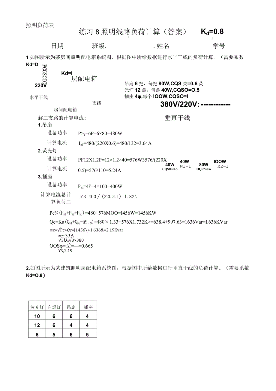 建筑电气工程07练习8照明线路负荷计算答案.docx_第1页