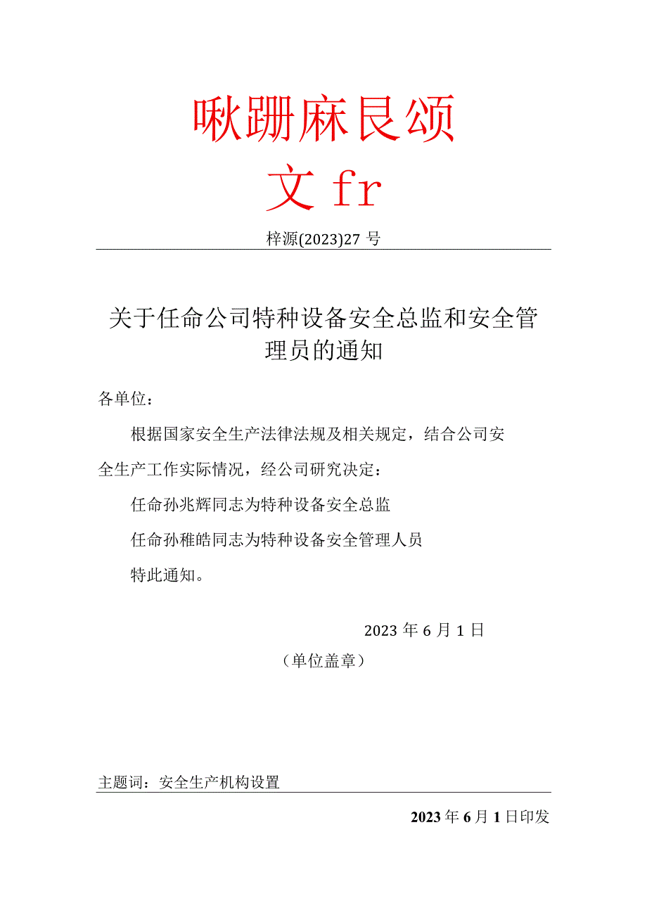 特种设备安全总监和安全员任命文件.docx_第1页