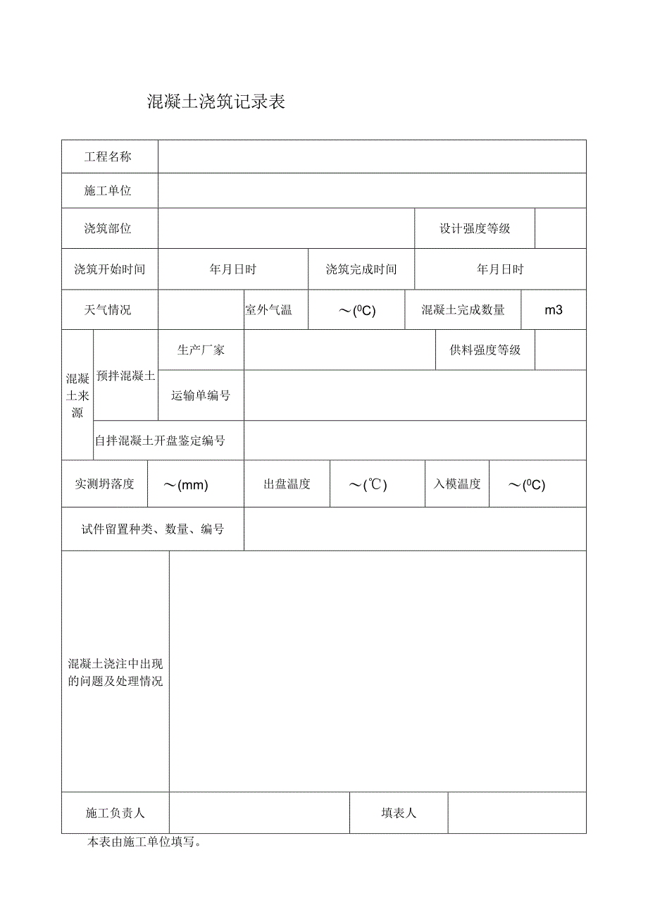 混凝土浇筑记录表.docx_第1页