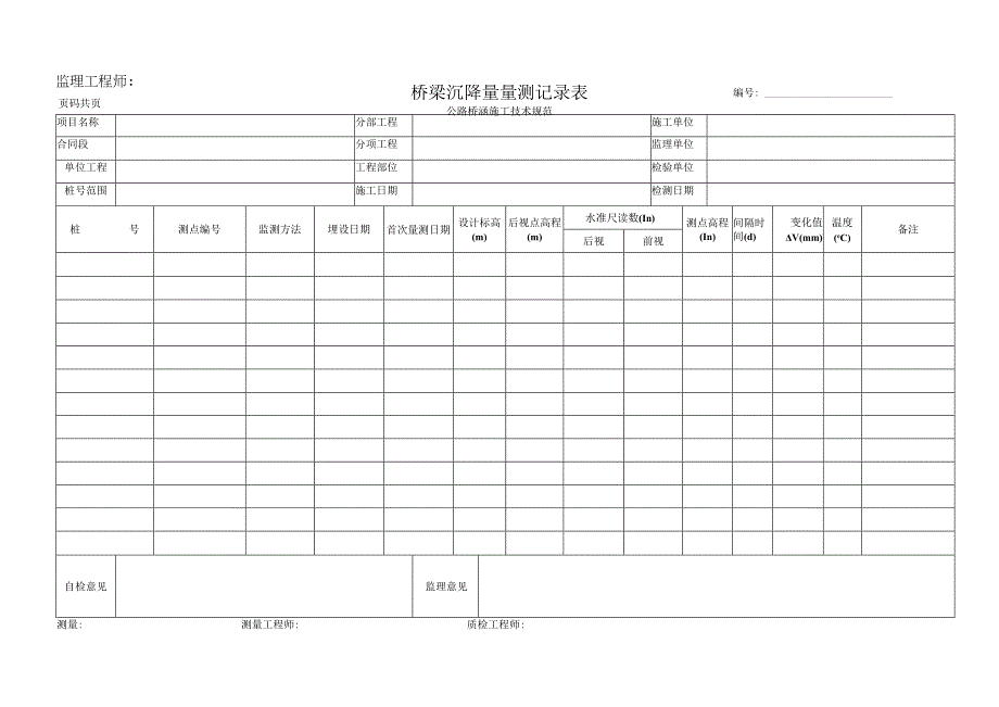 桥梁沉降量量测记录表 模板.docx_第1页