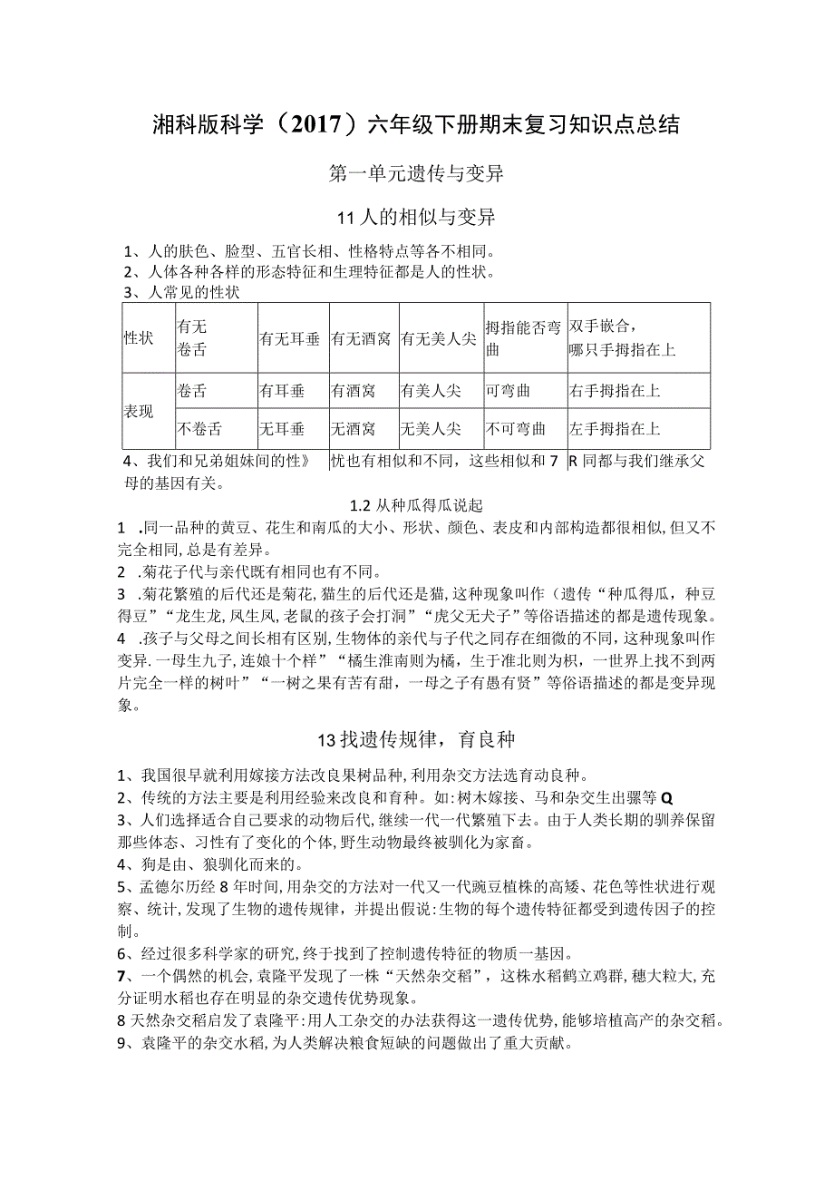 湘科版科学2017六年级下册期末复习知识点总结.docx_第1页