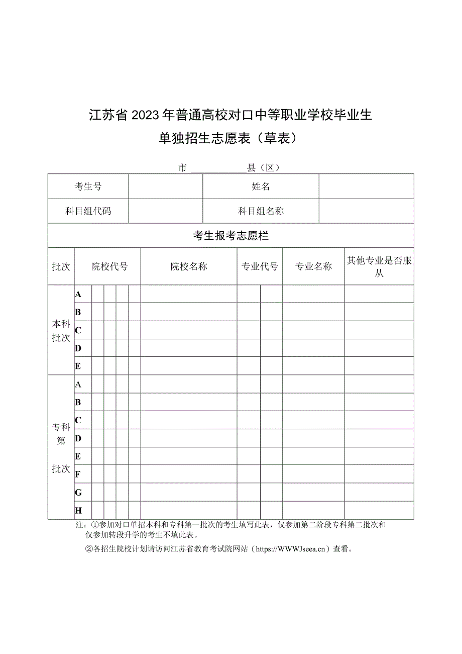 江苏省2023年普通高校对口中等职业学校毕业生单独招生志愿表草表.docx_第1页