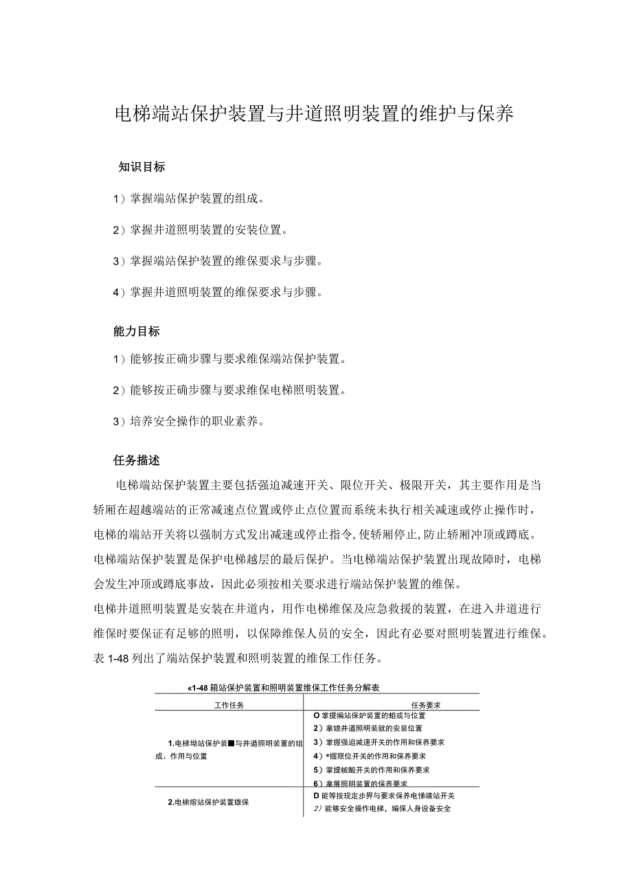 电梯端站保护装置与井道照明装置的维护与保养.docx_第1页