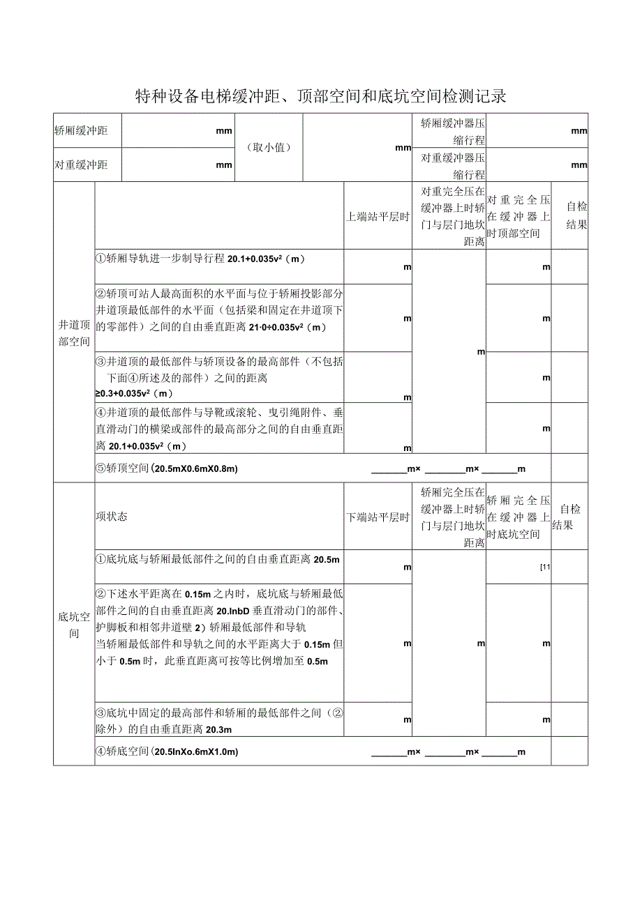 特种设备电梯缓冲距顶部空间和底坑空间检测记录.docx_第1页