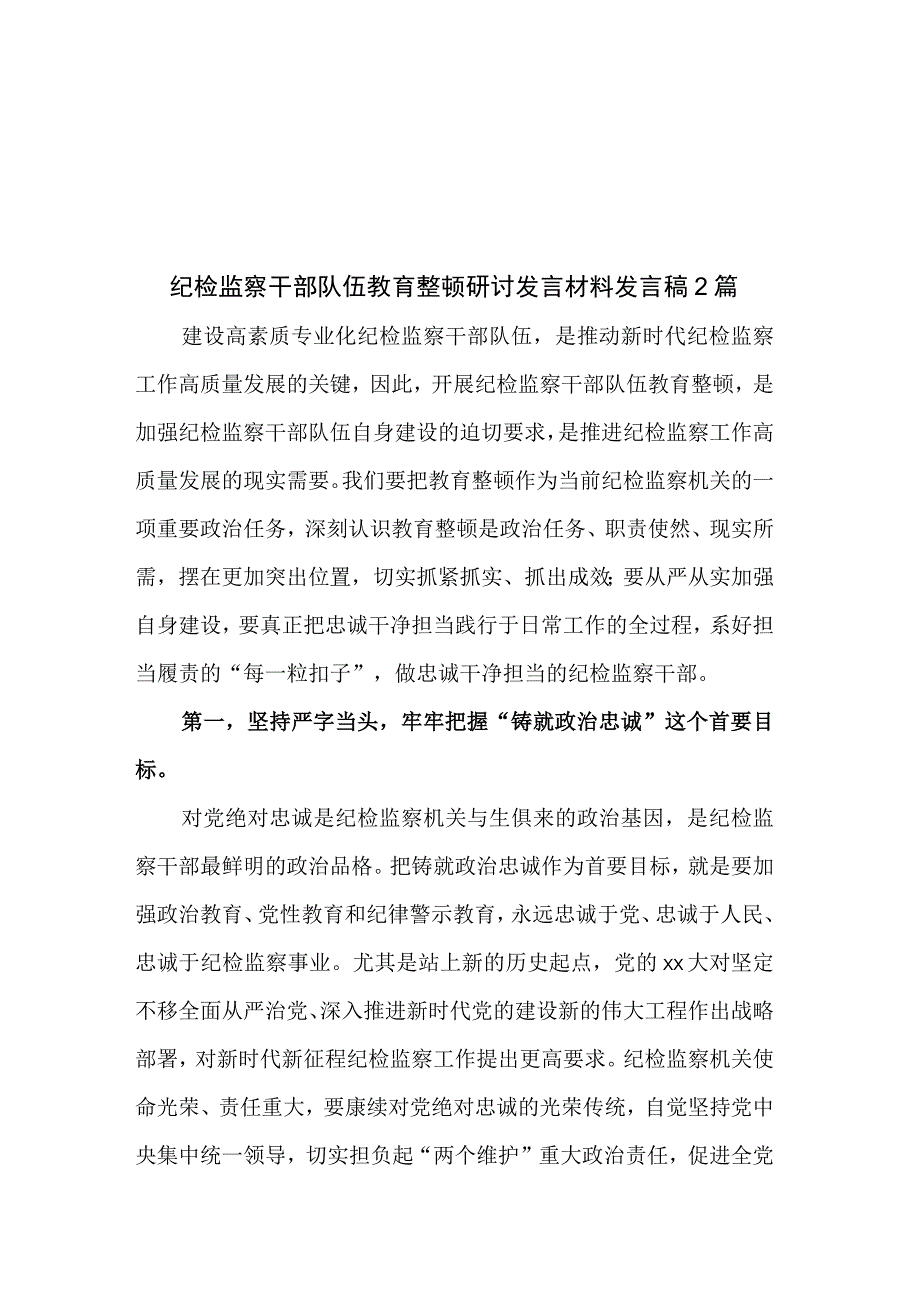 纪检监察干部队伍教育整顿研讨发言材料发言稿2篇.docx_第1页