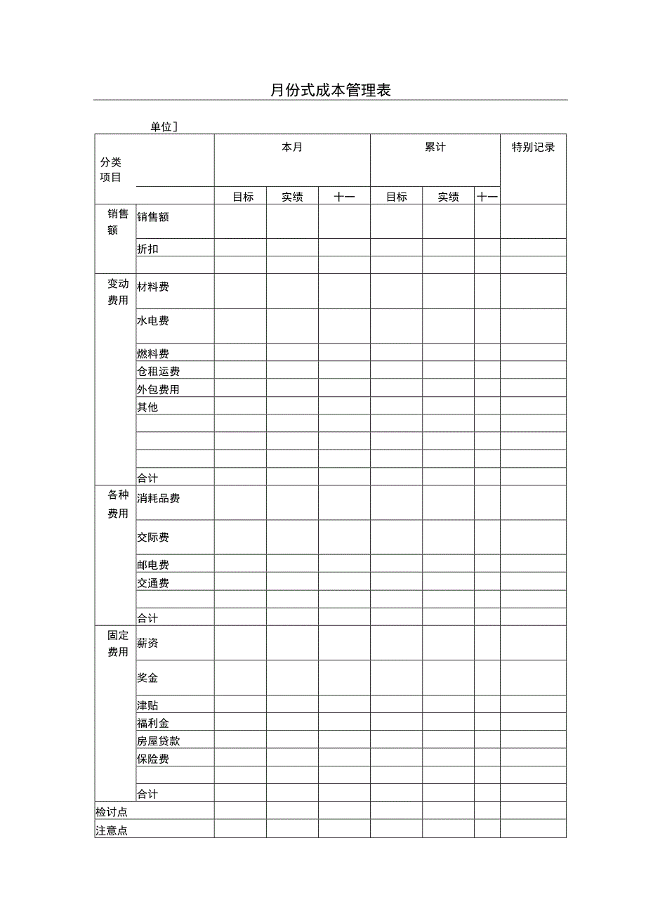 销售管理049月份式成本管理表.docx_第1页