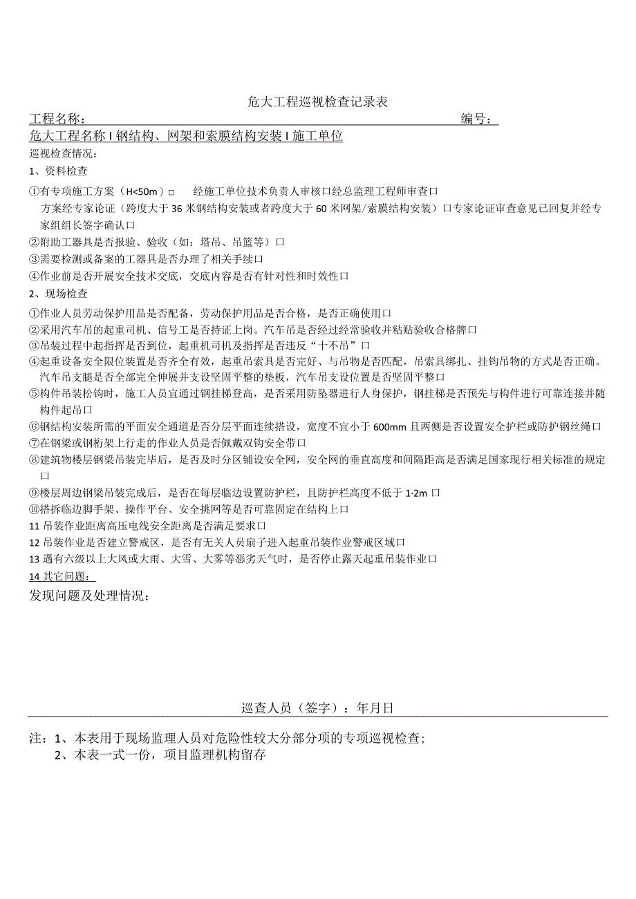 钢结构网架及索膜结构危大工程巡视检查记录表.docx_第1页