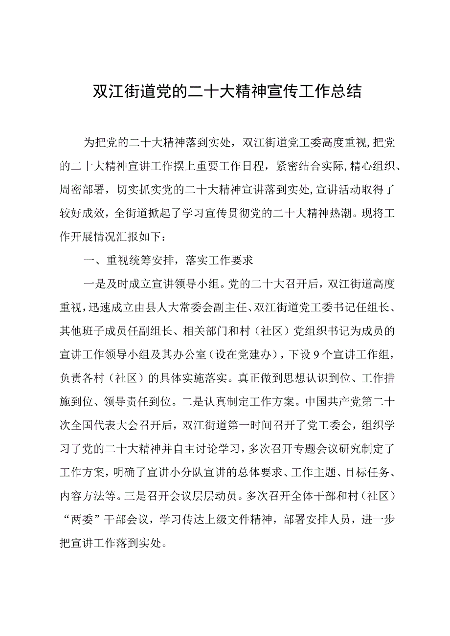 精品文档双江街道党的二十大精神宣传工作总结.docx_第1页