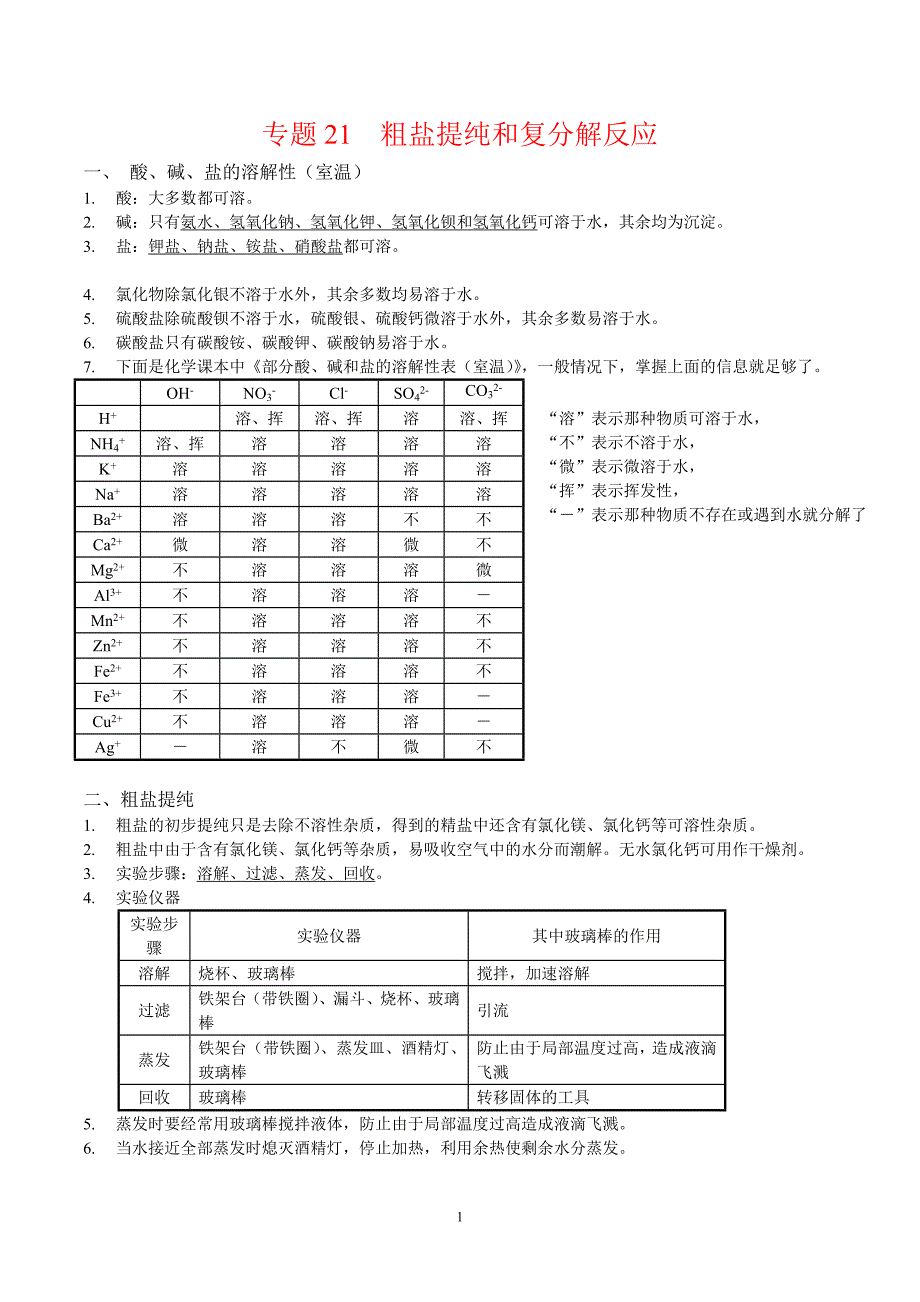 2024年中考化学专题复习——专题21粗盐提纯和复分解反应（全国通用）（解析版）.doc_第1页