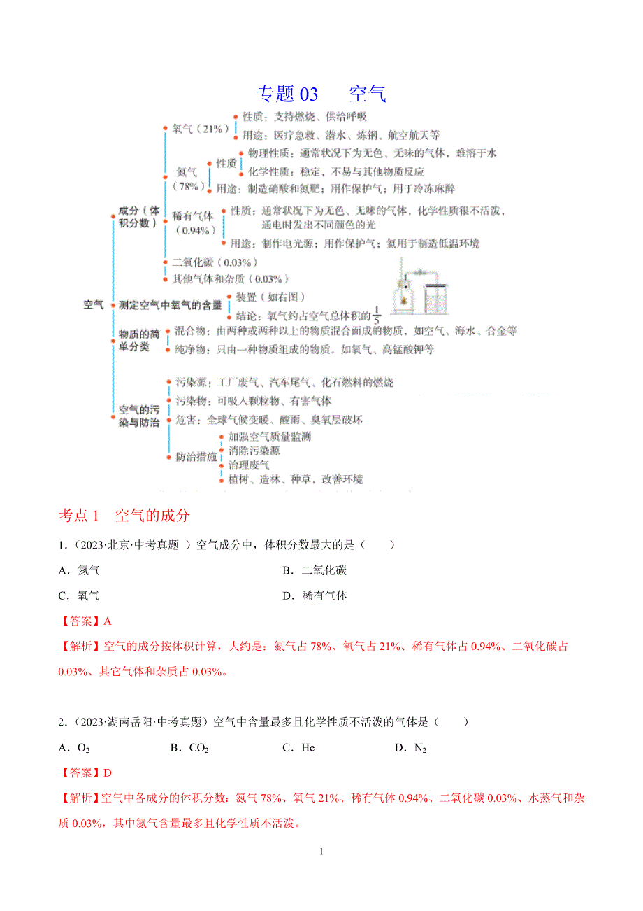 2024年中考化学专题复习——03 空气（全国通用）（解析版）.doc_第1页