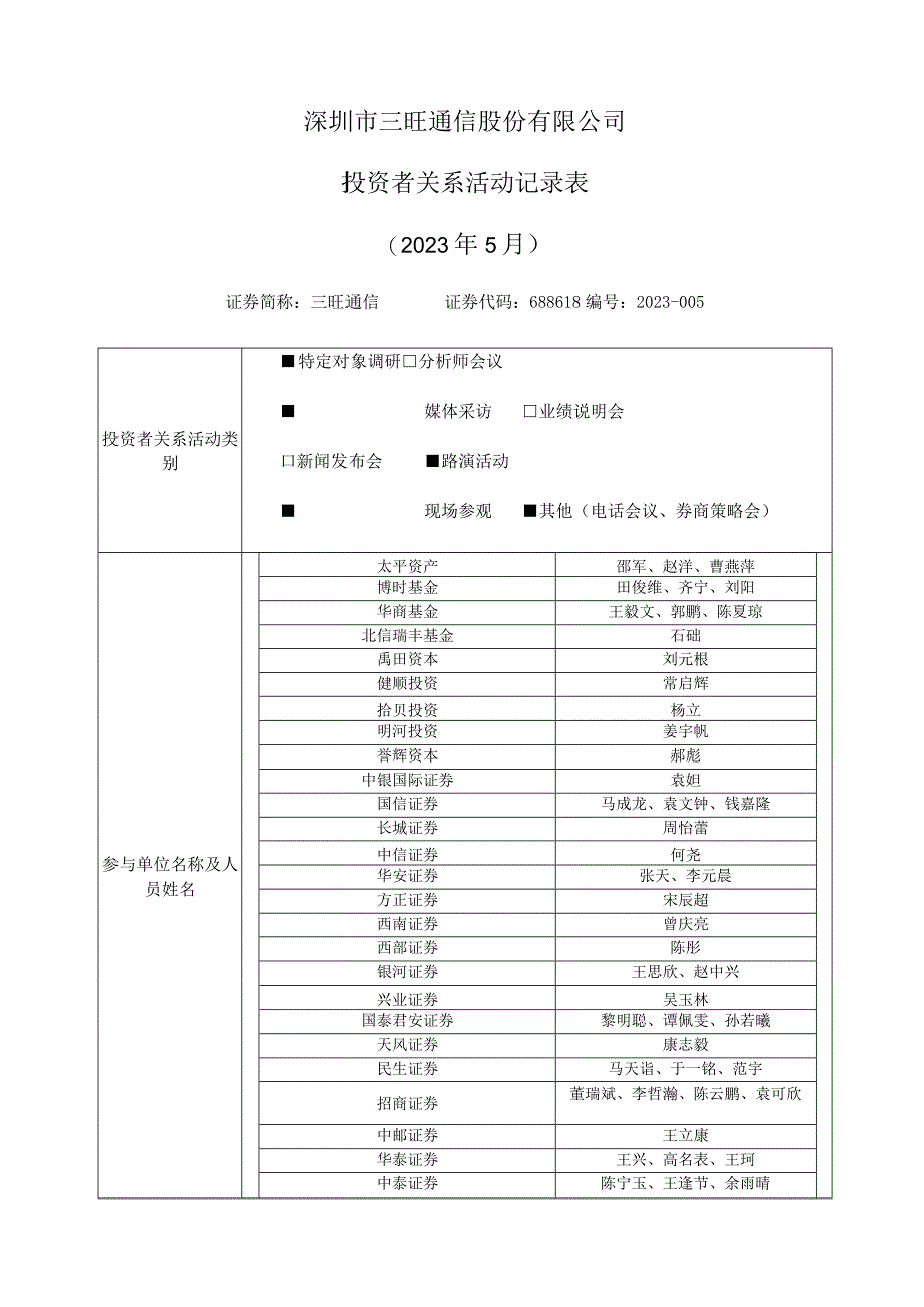 深圳市三旺通信股份有限公司投资者关系活动记录023年5月.docx_第1页