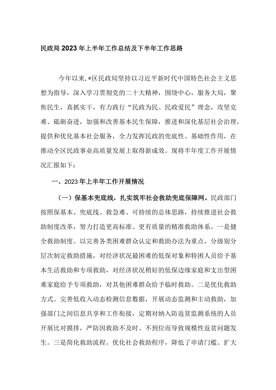 民政局2023年上半年工作总结及下半年工作思路.docx_第1页