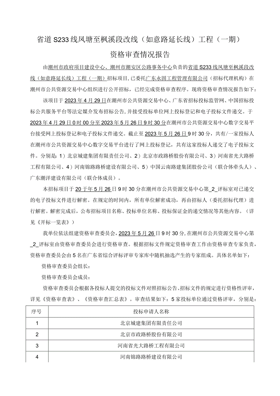 省道S233线凤塘至枫溪段改线如意路延长线工程一期资格审查情况报告.docx_第1页