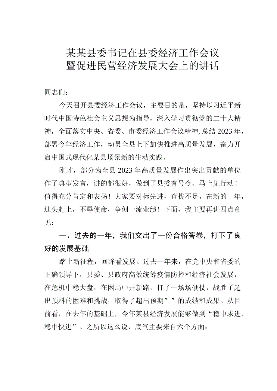 某某县委书记在县委经济工作会议暨促进民营经济发展大会上的讲话.docx_第1页