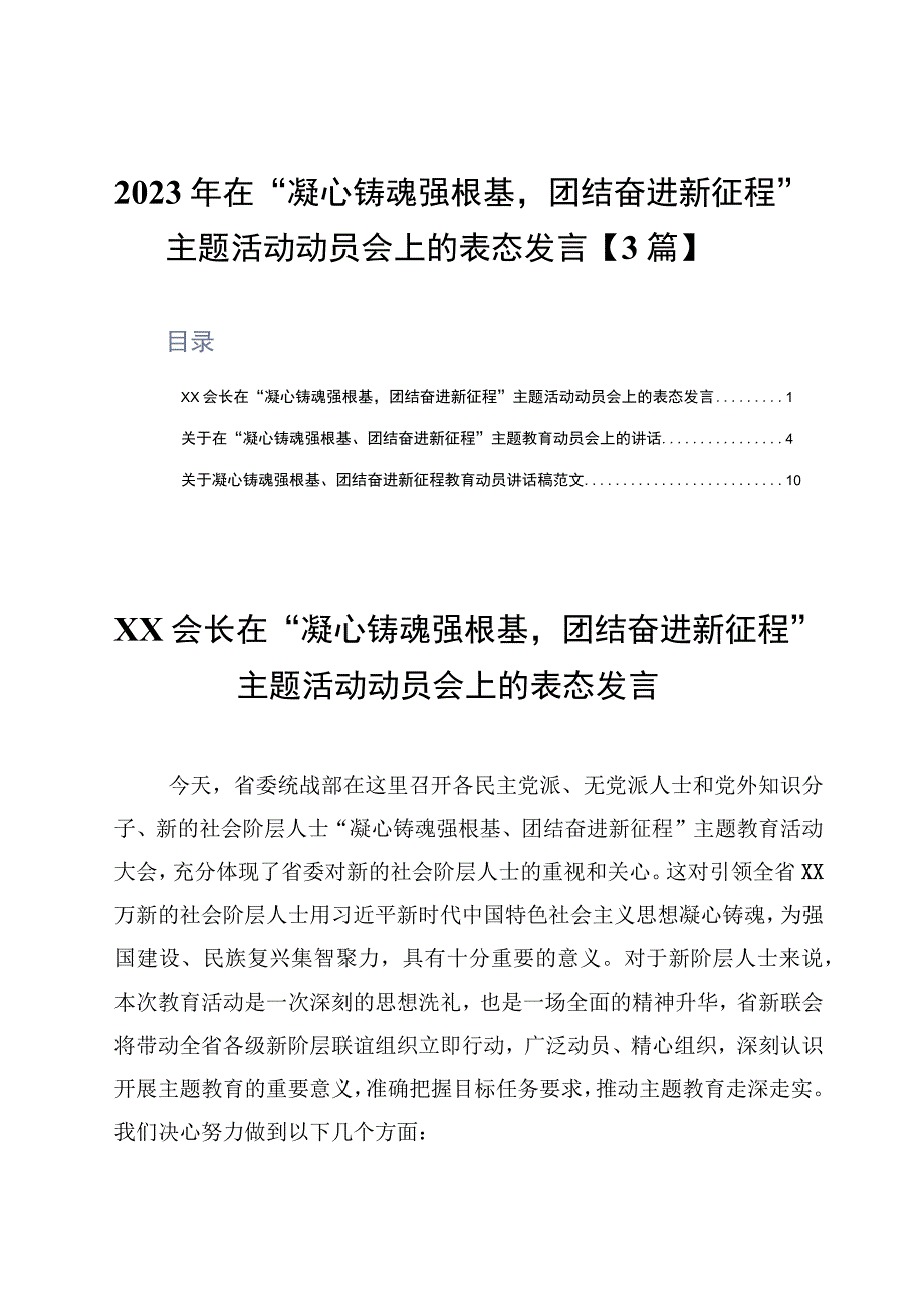 2023年在凝心铸魂强根基团结奋进新征程主题活动动员会上的表态发言3篇.docx_第1页