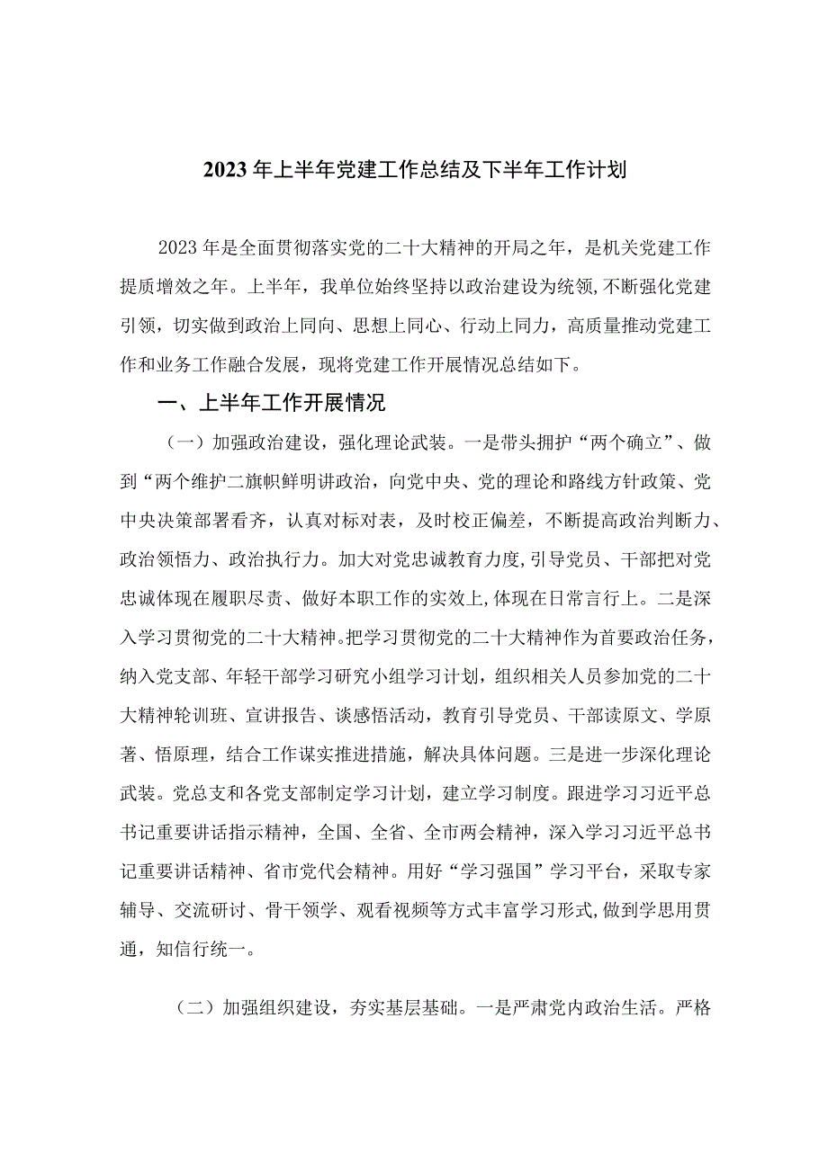 2023年上半年党建工作总结及下半年工作计划精选10篇通用范文.docx_第1页