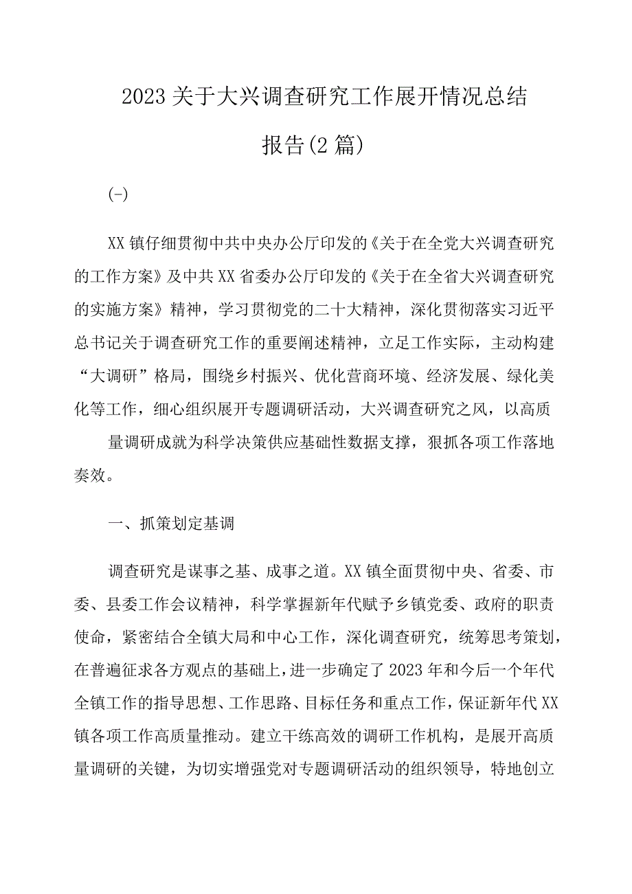 2023关于大兴调查研究工作展开情况总结报告2篇.docx_第1页