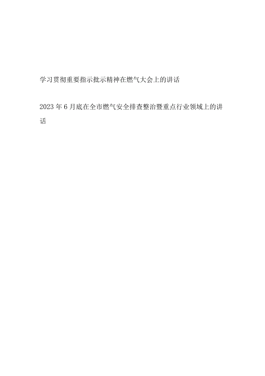 2023年6月学习贯彻重要指示批示精神在全市燃气安全排查整治暨重点行业领域上的讲话发言2篇.docx_第1页