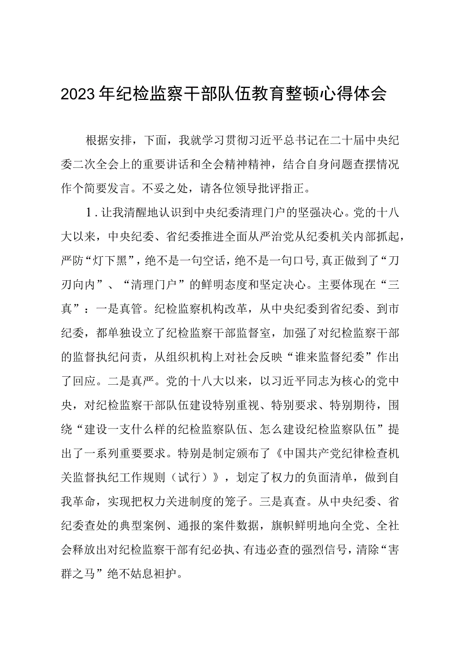 2023全国纪检监察干部队伍教育整顿教育活动的心得体会两篇.docx_第1页