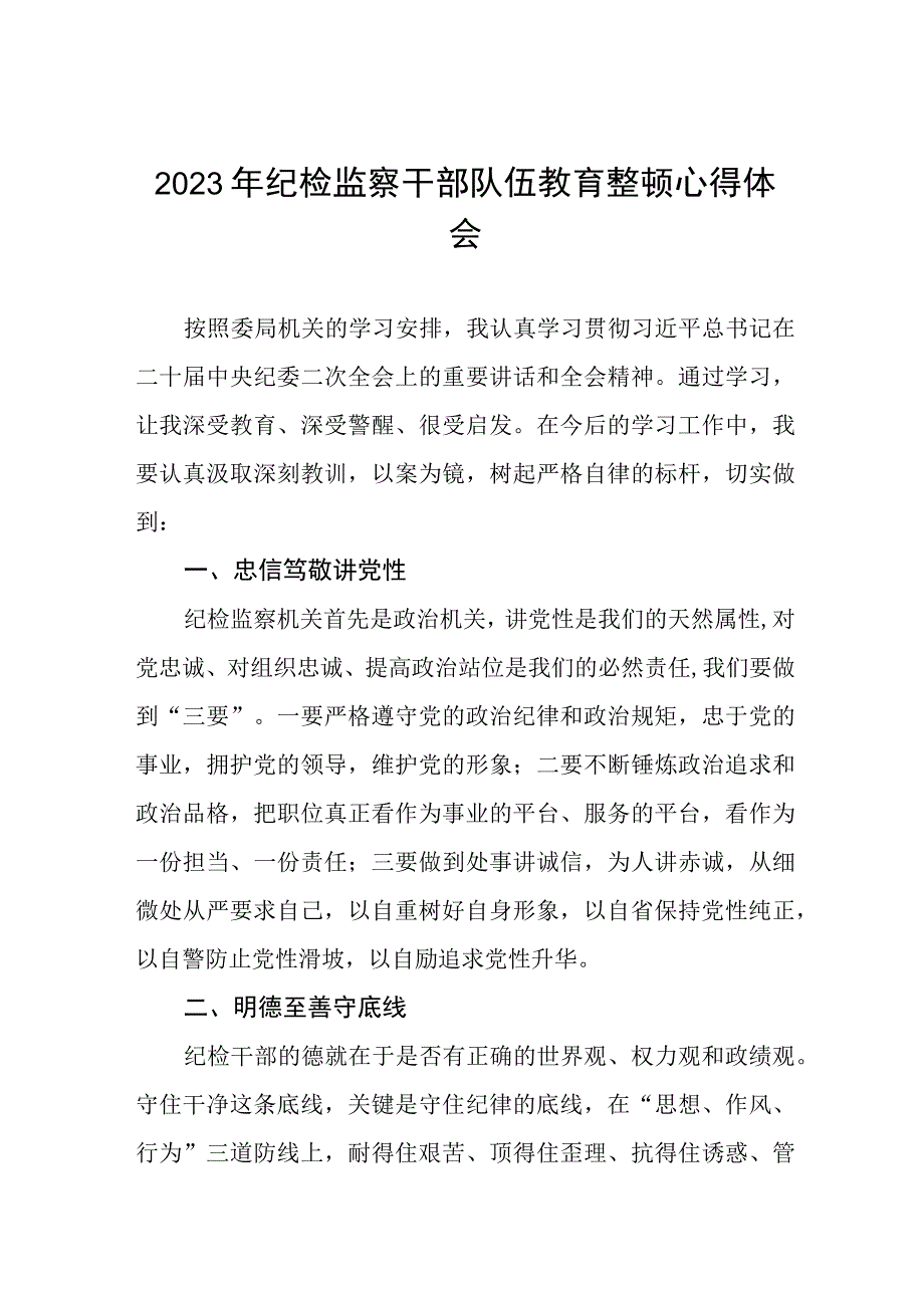 2023全国纪检监察干部队伍教育整顿的心得体会两篇.docx_第1页