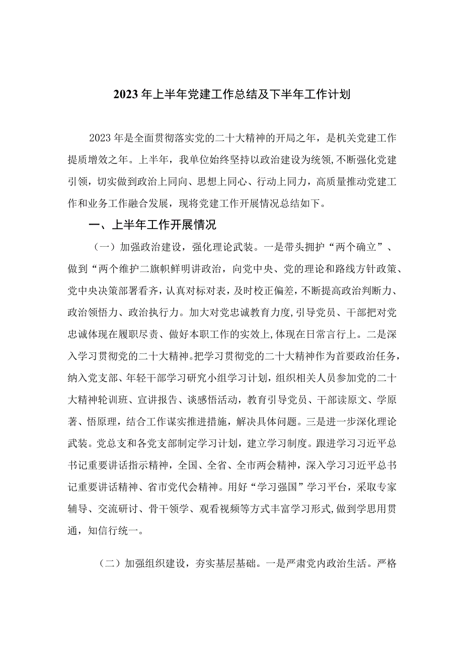 2023年上半年党建工作总结及下半年工作计划精选10篇模板.docx_第1页