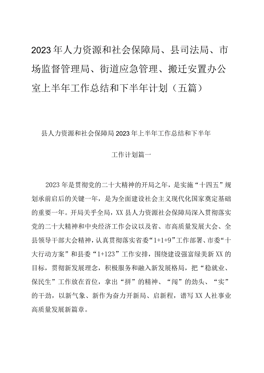 2023年人力资源和社会保障局县司法局市场监督管理局街道应急管理搬迁安置办公室上半年工作总结和下半年计划五篇.docx_第1页