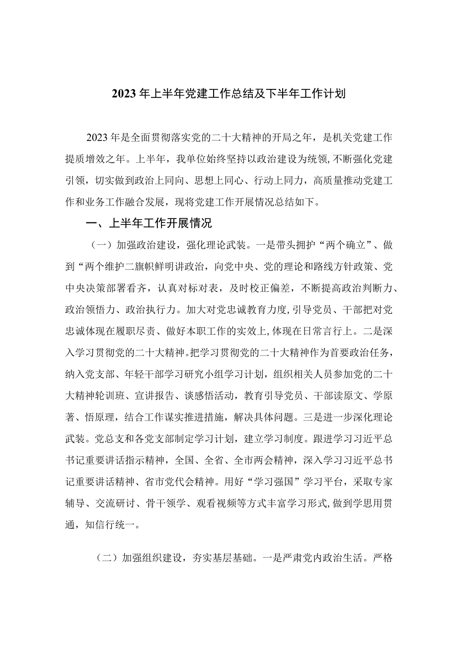 2023年上半年党建工作总结及下半年工作计划精选10篇集锦.docx_第1页