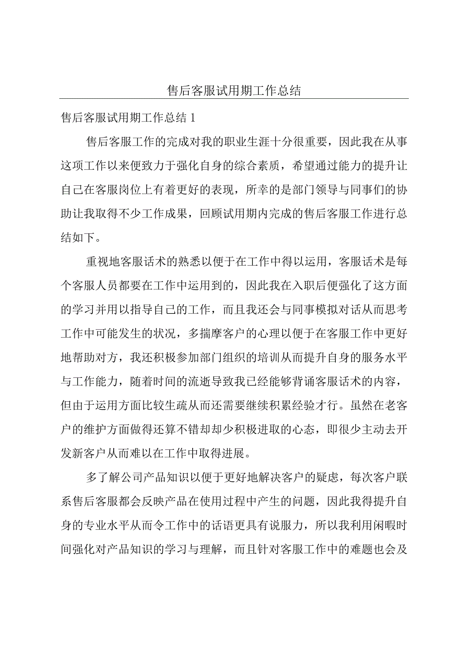 售后客服试用期工作总结.docx_第1页