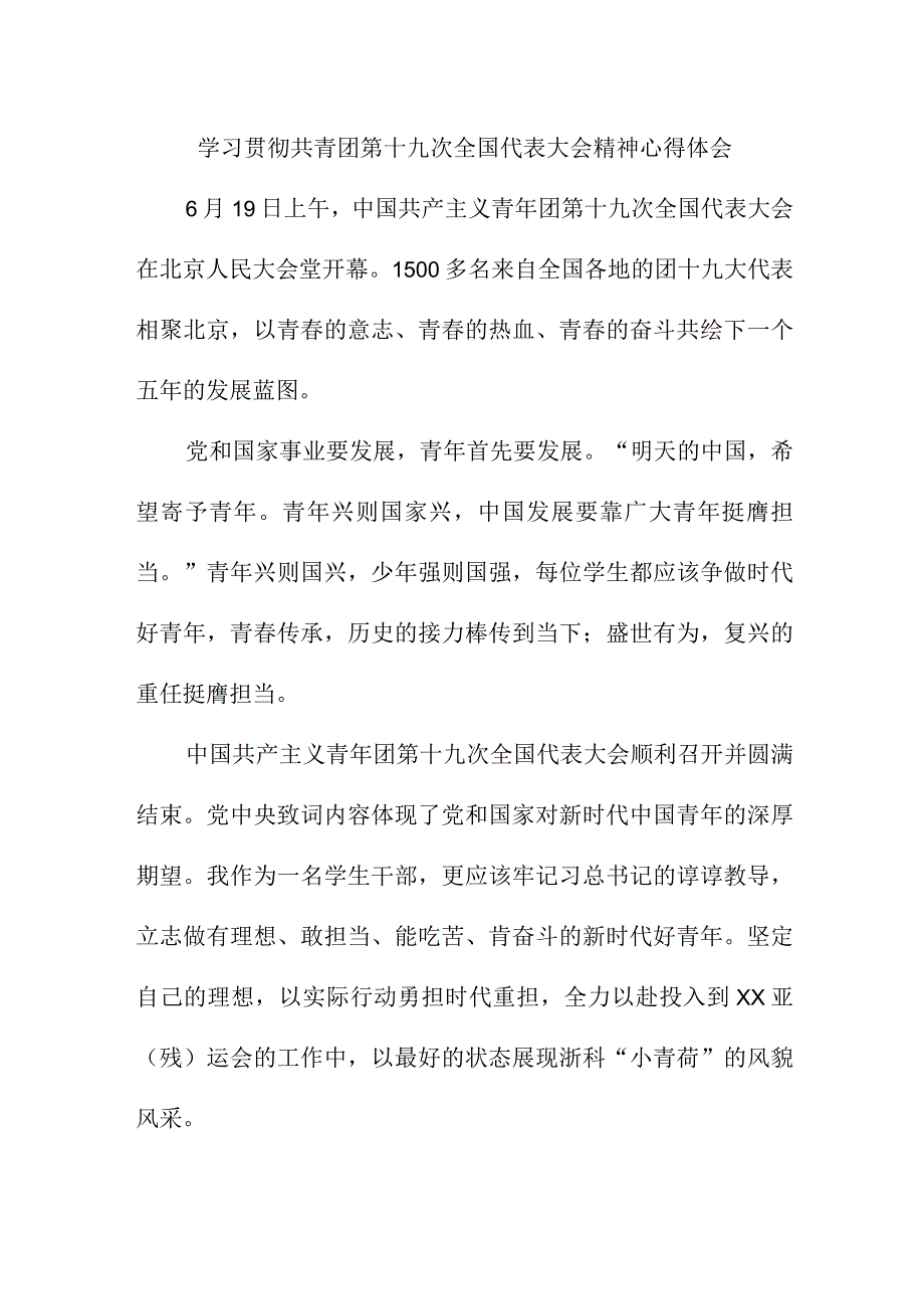 乡镇中小学教师学习贯彻共青团第十九次全国代表大会精神个人心得体会 样板5份.docx_第1页