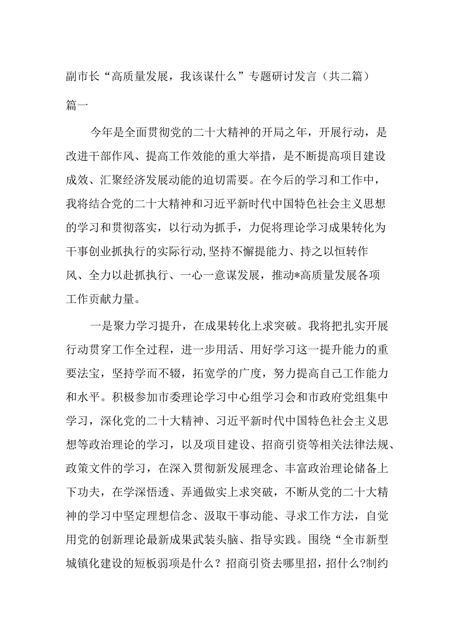 副市长高质量发展我该谋什么专题研讨发言共二篇.docx_第1页