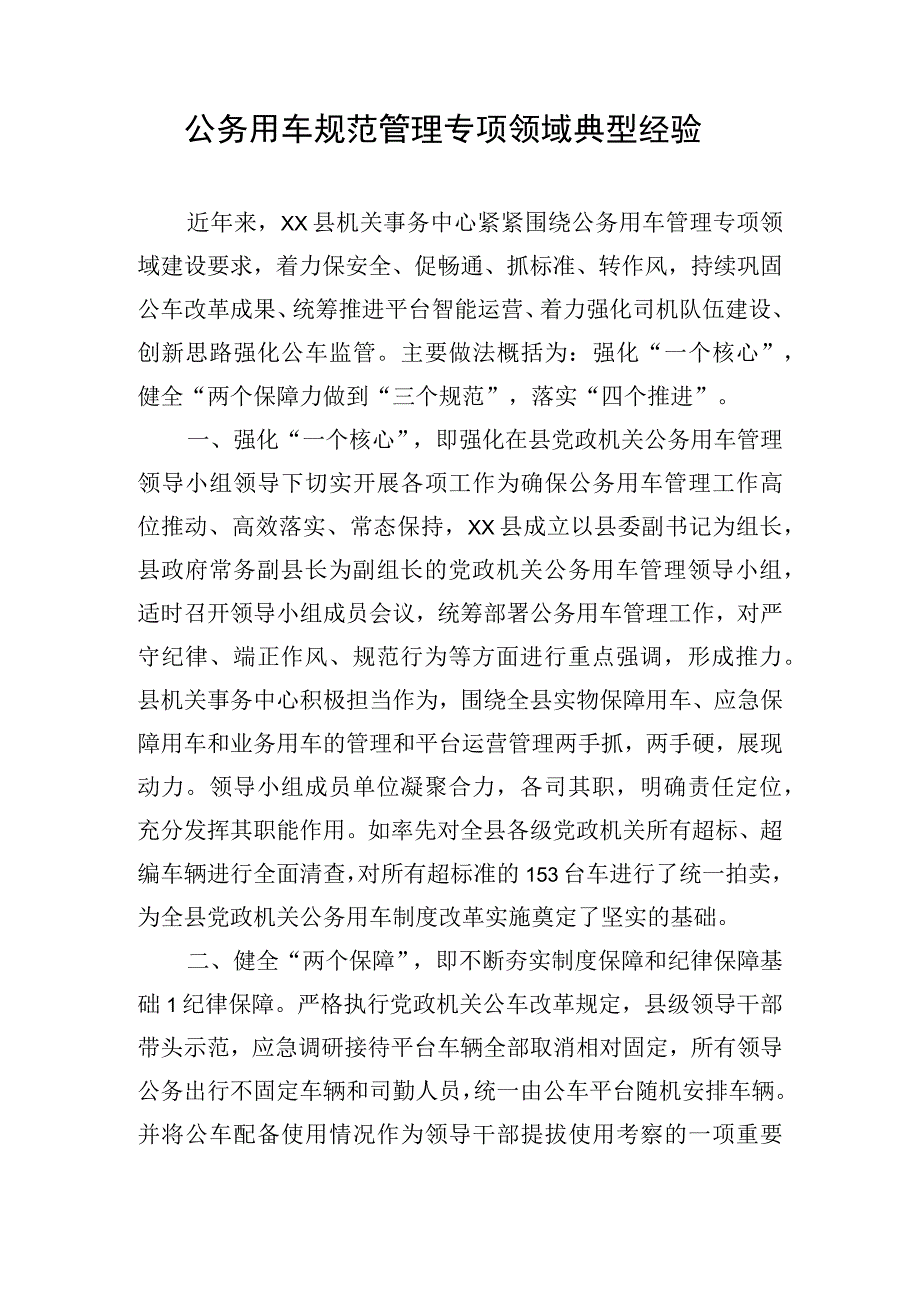 公务用车规范管理专项领域典型经验.docx_第1页