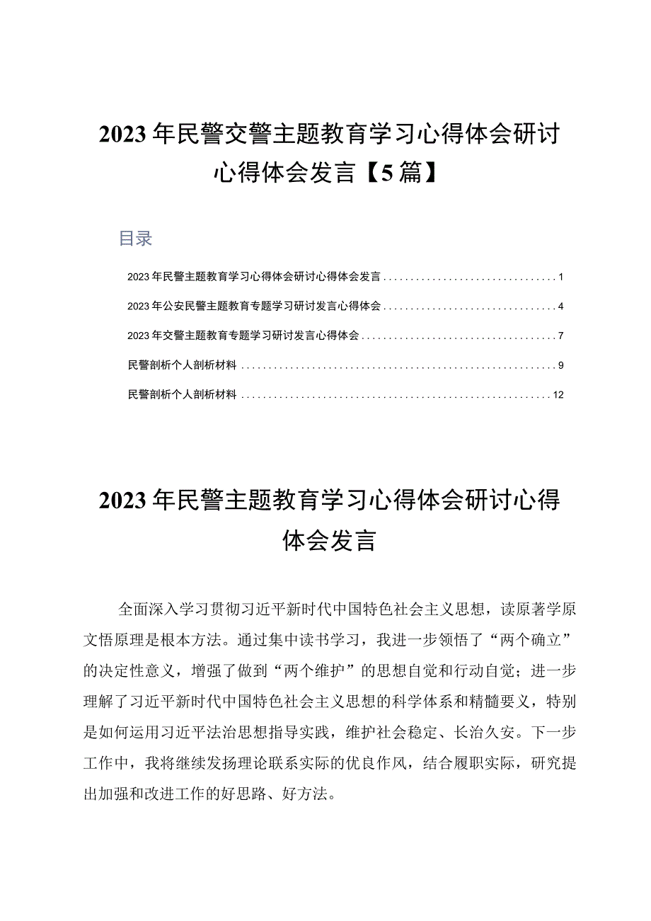 2023年民警交警主题教育学习心得体会研讨心得体会发言5篇.docx_第1页