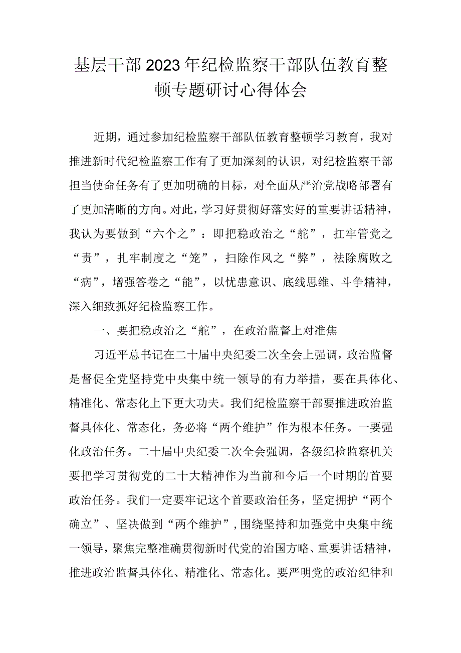 基层干部2023年纪检监察干部队伍教育整顿专题研讨心得体会.docx_第1页