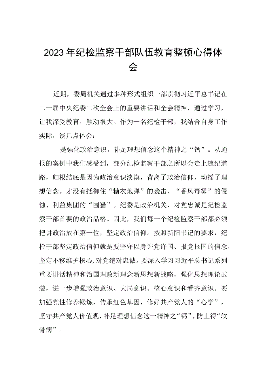 2023纪检监察干部队伍教育整顿心得体会模板2篇.docx_第1页