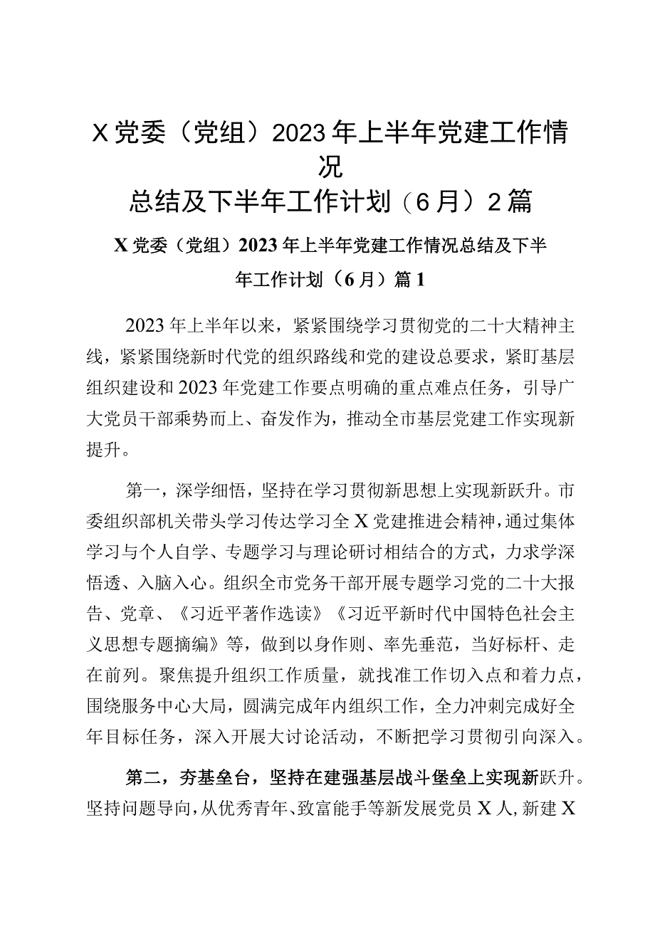 x党委党组2023年上半年党建工作情况总结及下半年工作计划6月2篇.docx_第1页