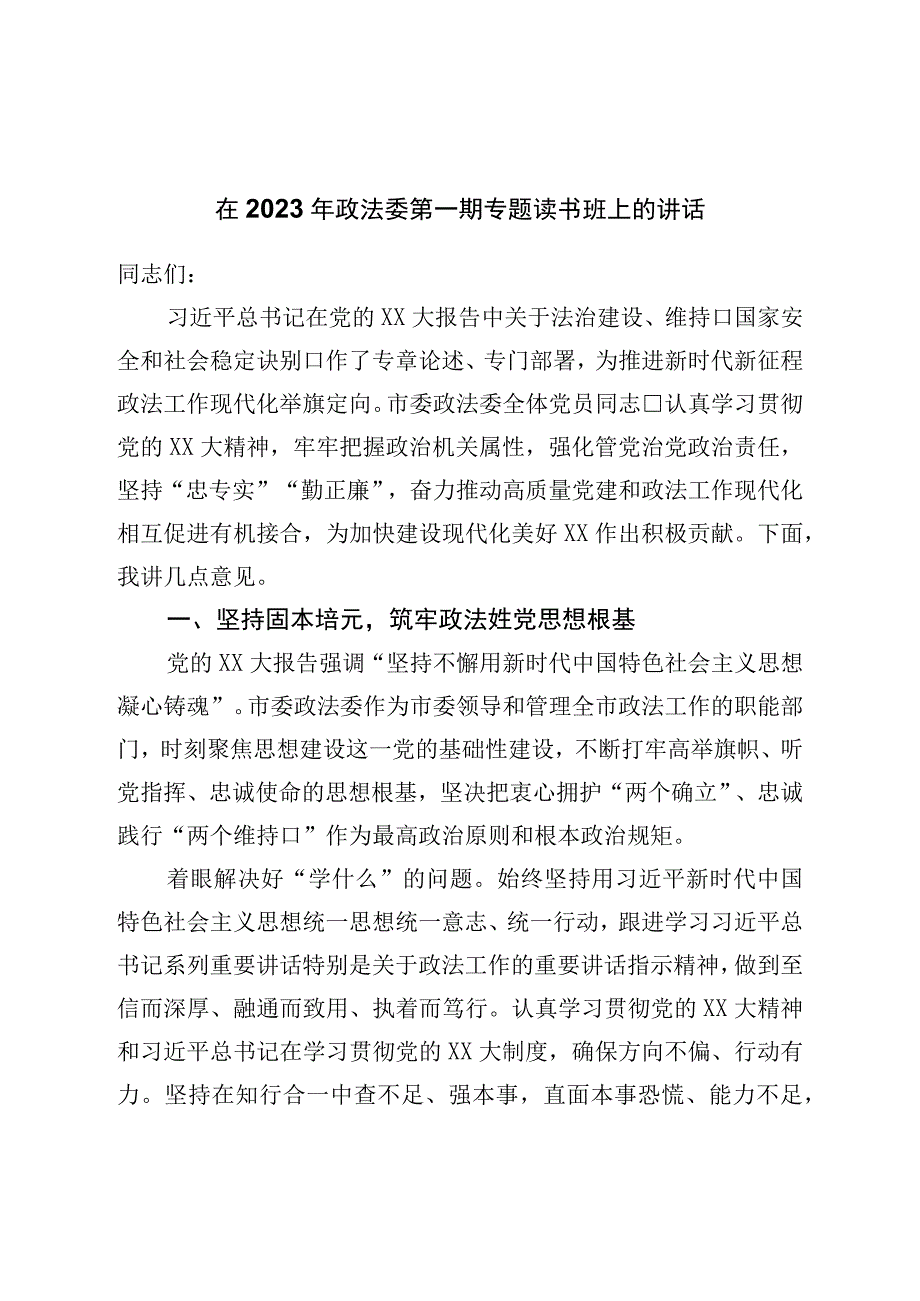 在2023年主题教育政法委第一期专题读书班上的讲话.docx_第1页