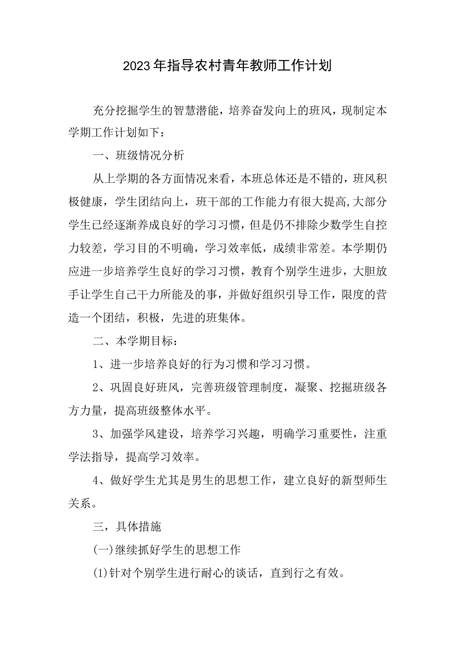 2023指导农村青年教师工作计划.docx_第1页